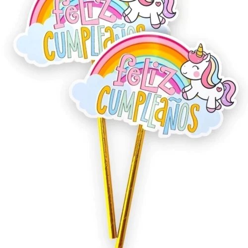 TOPPER FELIZ CUMPLEAñO ARCO IRIS CON UNICORNIO