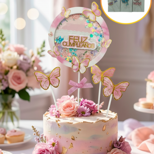 TOPPER CONFETI MARIPOSA FELIZ CUMPLEAñO 4PCS