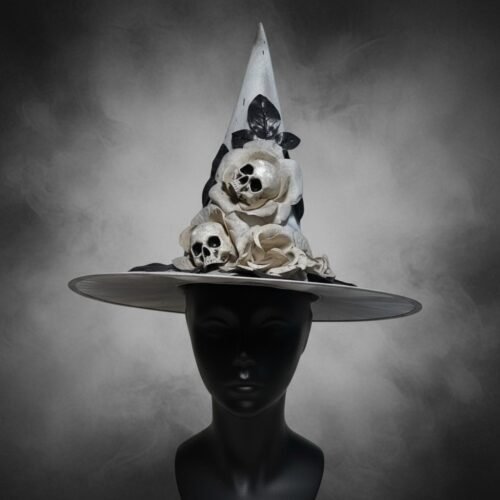 HA26 SOMBRERO BRUJA GRIS DEGRADE CON FLOR-CALAVERA