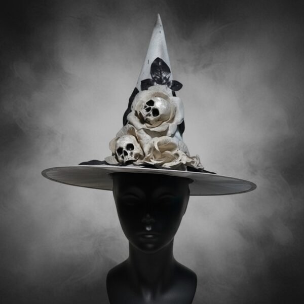 HA26 SOMBRERO BRUJA GRIS DEGRADE CON FLOR-CALAVERA
