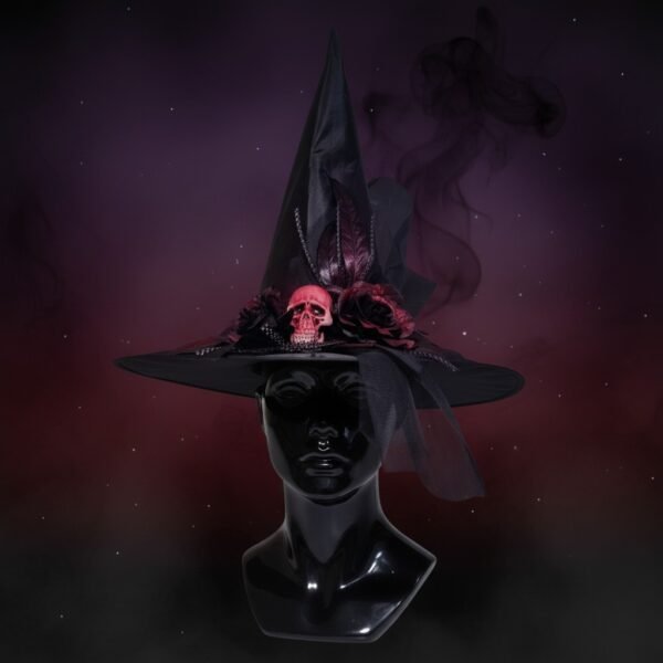HA26 SOMBRERO BRUJA ROJO CON CINTA -FLOR-TUL-CALAVERA