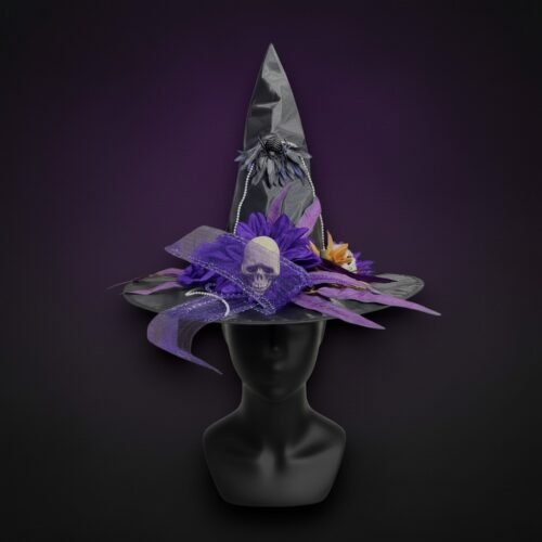HA26 SOMBRERO BRUJA LILA CON ARAñA-FLOR-CINTA-CALAVERA