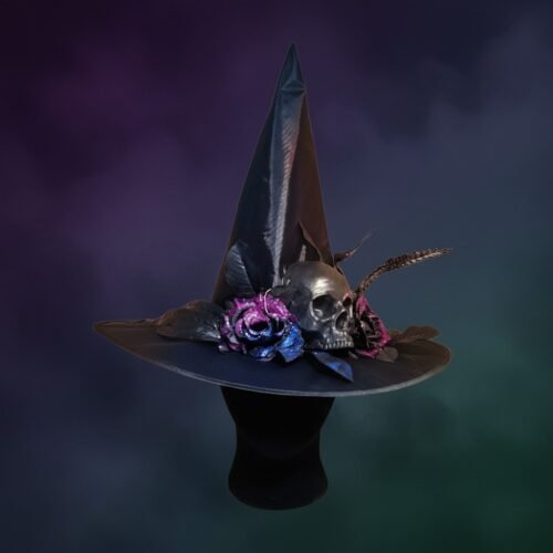 HA26 SOMBRERO BRUJA NEGRO CON PLUMA-FLOR GLITER-CALAVERA